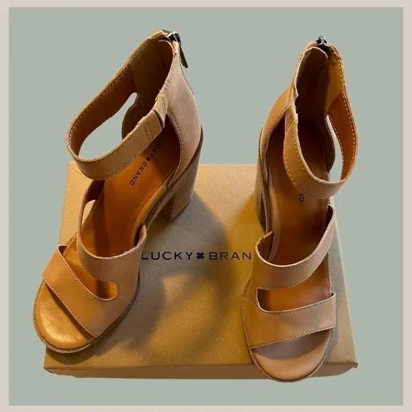 LUCKY BRAND Valka Ankle Strap Block Heel Strappy LEATHER Sandals NWT/10M