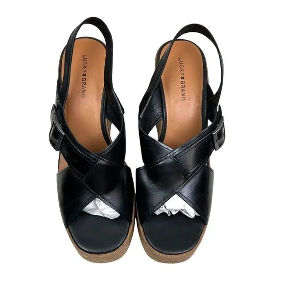 Lucky Brand Womens Platform Wedge Sandal Delaynee Black Leather Buckle Strap 9.5