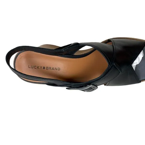 Lucky Brand Womens Platform Wedge Sandal Delaynee Black Leather Buckle Strap 9.5