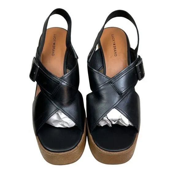 Lucky Brand Womens Platform Wedge Sandal Delaynee Black Leather Buckle Strap 9.5