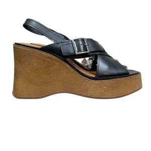 Lucky Brand Womens Platform Wedge Sandal Delaynee Black Leather Buckle Strap 9.5