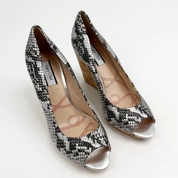 Lucy Choi London Brand New Snakeskin Peep Toe Wedge Heels, Size 40.5 (10.5)