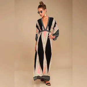 Lulus Montecito Black Geometric Print Maxi Dress Womens size S