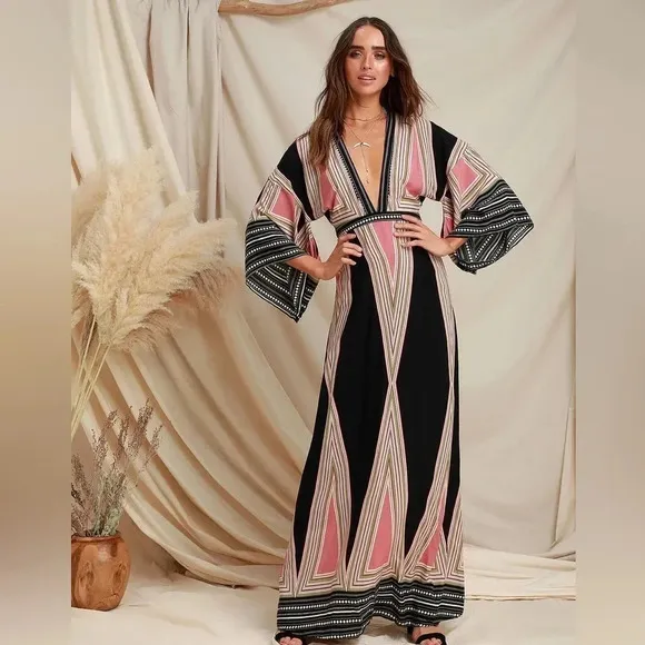 Lulus Montecito Black Geometric Print Maxi Dress Womens size S