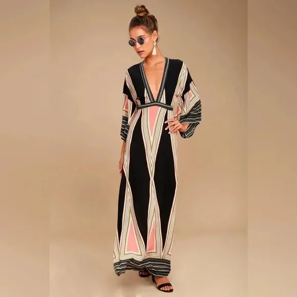 Lulus Montecito Black Geometric Print Maxi Dress Womens size S