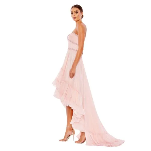 Mac Duggal NWT Beaded Ruffle High Low Strapless Gown in Ice Pink Size 4