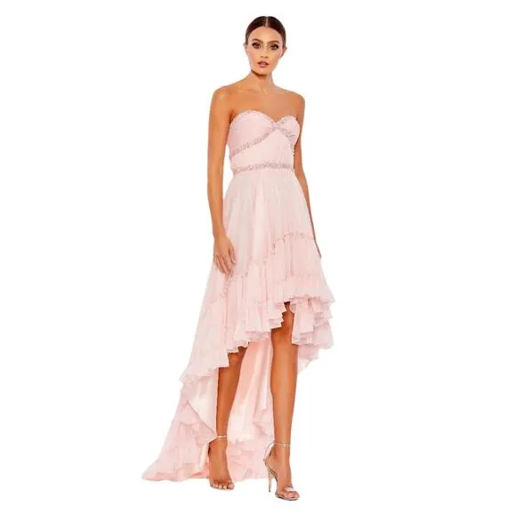 Mac Duggal NWT Beaded Ruffle High Low Strapless Gown in Ice Pink Size 4
