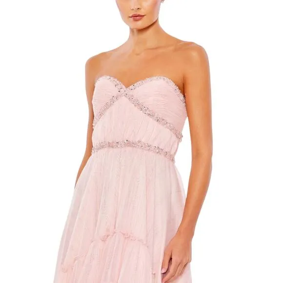 Mac Duggal NWT Beaded Ruffle High Low Strapless Gown in Ice Pink Size 4
