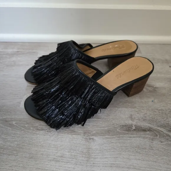 Madewell Black Fringe Block Heel Sandal