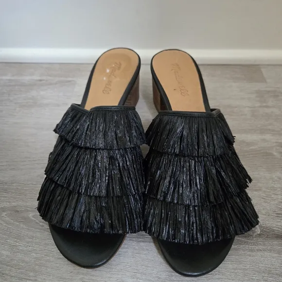 Madewell Black Fringe Block Heel Sandal