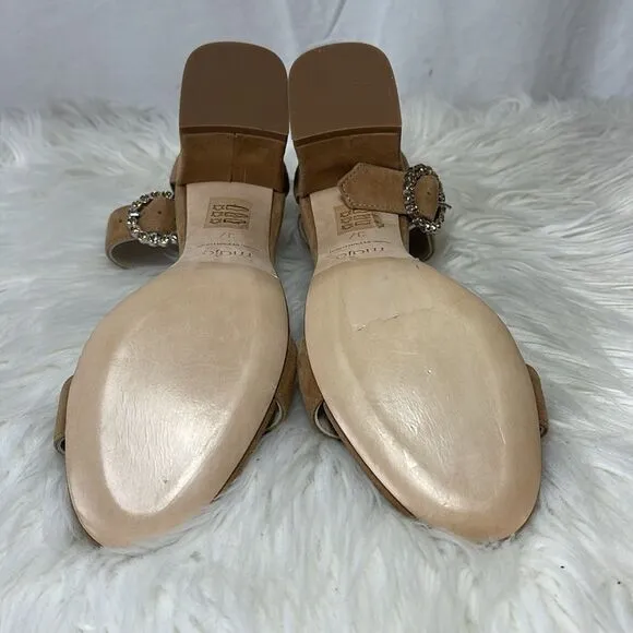 Maje Camel Suede Block Heel Ankle Strap Sandals Sz 37/US 6
