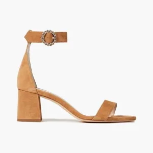 Maje Camel Suede Block Heel Ankle Strap Sandals Sz 37/US 6