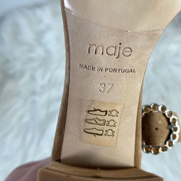 Maje Camel Suede Block Heel Ankle Strap Sandals Sz 37/US 6