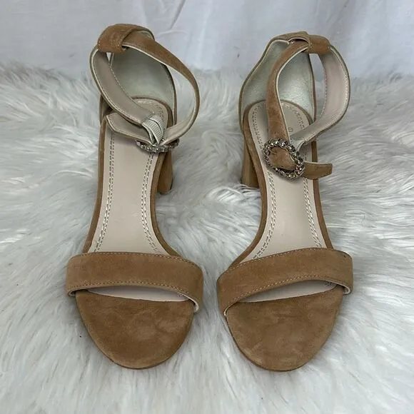 Maje Camel Suede Block Heel Ankle Strap Sandals Sz 37/US 6