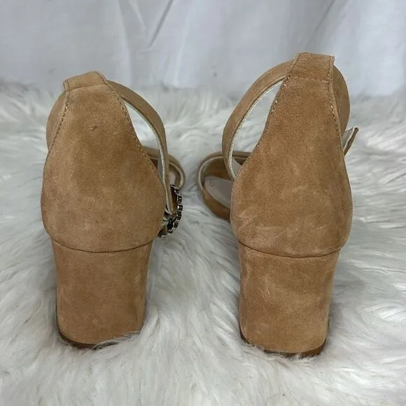 Maje Camel Suede Block Heel Ankle Strap Sandals Sz 37/US 6
