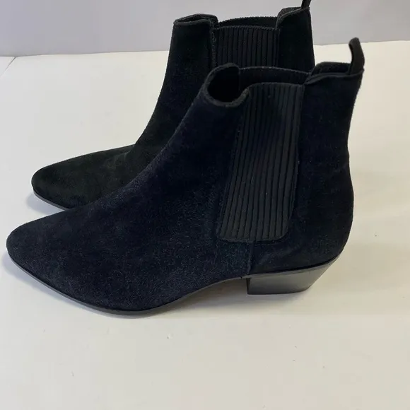 Maje Sz 37 or 6.5 Black Suede Ankle Boots Point Toe Low Heel Dual Stretch Pull