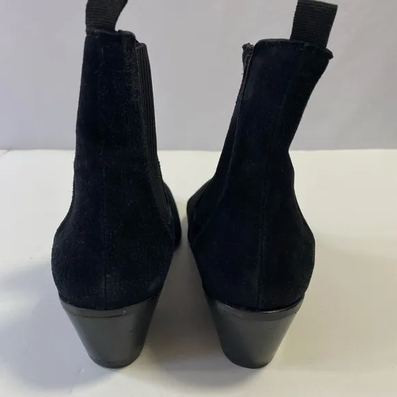Maje Sz 37 or 6.5 Black Suede Ankle Boots Point Toe Low Heel Dual Stretch Pull
