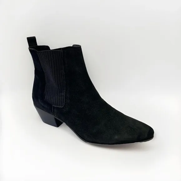 Maje Sz 37 or 6.5 Black Suede Ankle Boots Point Toe Low Heel Dual Stretch Pull