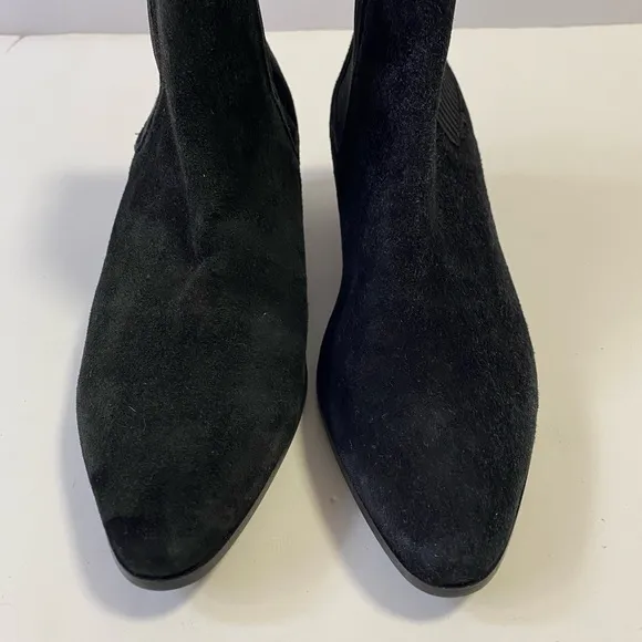 Maje Sz 37 or 6.5 Black Suede Ankle Boots Point Toe Low Heel Dual Stretch Pull