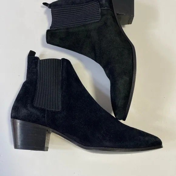 Maje Sz 37 or 6.5 Black Suede Ankle Boots Point Toe Low Heel Dual Stretch Pull