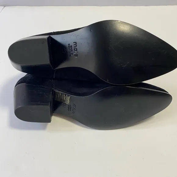 Maje Sz 37 or 6.5 Black Suede Ankle Boots Point Toe Low Heel Dual Stretch Pull