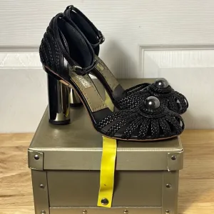 MALANDRINO Black Saint Germain Macrame ankle strap closed toe heels size 38 EU