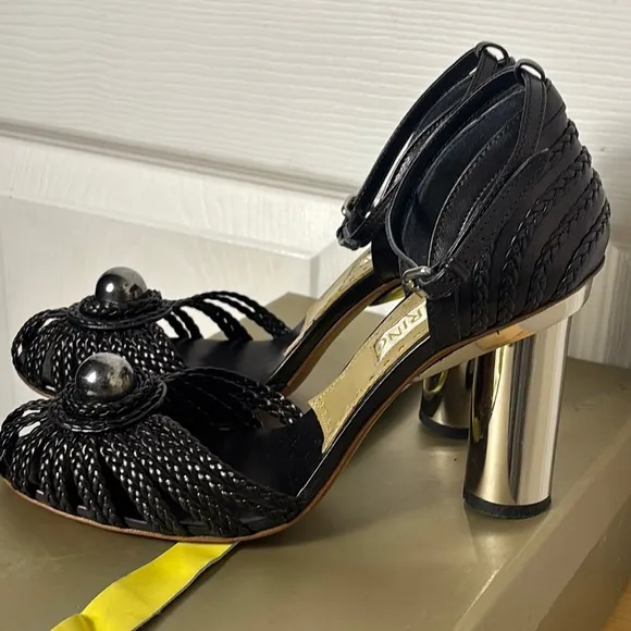 MALANDRINO Black Saint Germain Macrame ankle strap closed toe heels size 38 EU