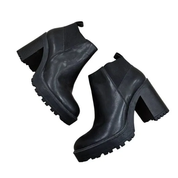 Mango MNG Platform Chunky Boots Women's 8.5 Black Leather High Heel Round Toe Ou
