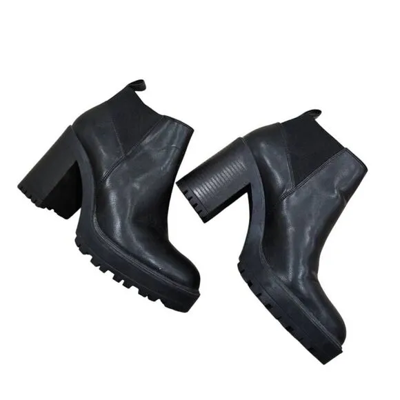 Mango MNG Platform Chunky Boots Women's 8.5 Black Leather High Heel Round Toe Ou