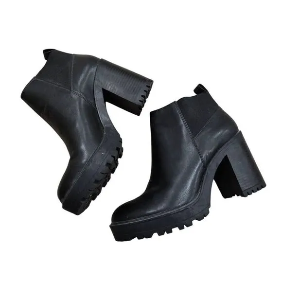 Mango MNG Platform Chunky Boots Women's 8.5 Black Leather High Heel Round Toe Ou