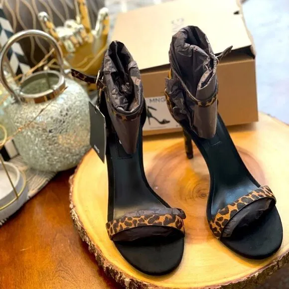 🆕 MANGO Leopard Leather 2-Strap Sandals, SZ 9
