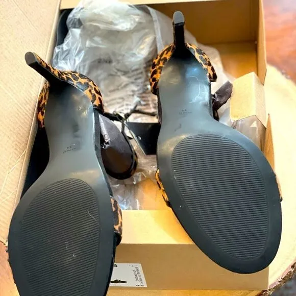 🆕 MANGO Leopard Leather 2-Strap Sandals, SZ 9