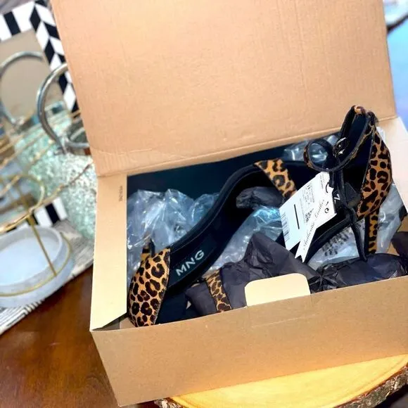 🆕 MANGO Leopard Leather 2-Strap Sandals, SZ 9