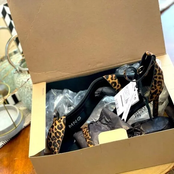🆕 MANGO Leopard Leather 2-Strap Sandals, SZ 9