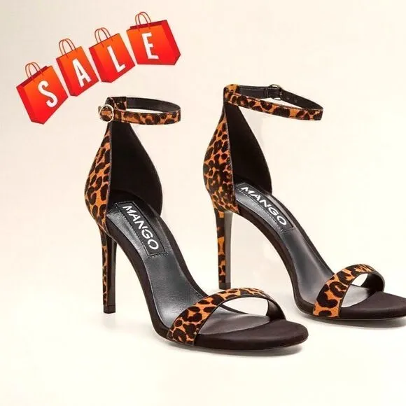 🆕 MANGO Leopard Leather 2-Strap Sandals, SZ 9