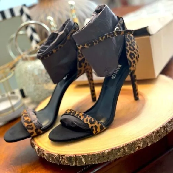 🆕 MANGO Leopard Leather 2-Strap Sandals, SZ 9