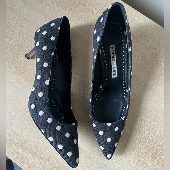 Manola Blahnik Polka Dot Denim Pumps 37/7