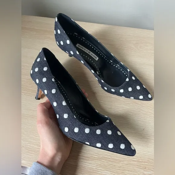 Manola Blahnik Polka Dot Denim Pumps 37/7