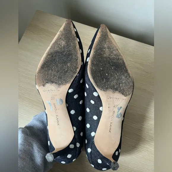 Manola Blahnik Polka Dot Denim Pumps 37/7