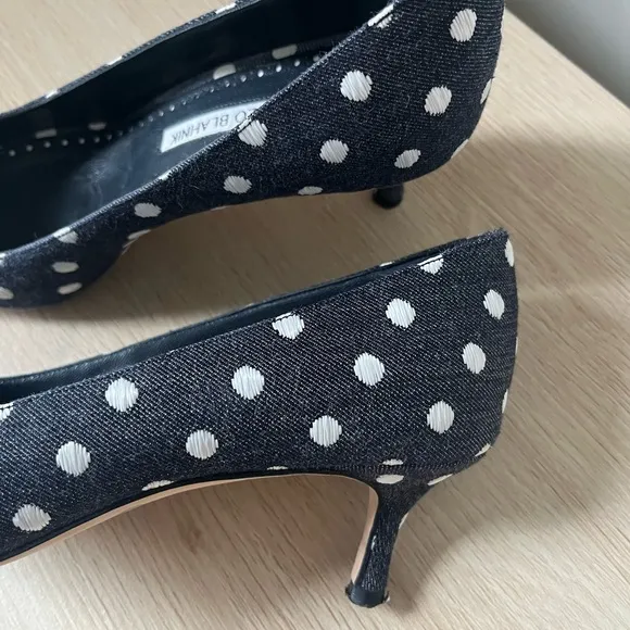 Manola Blahnik Polka Dot Denim Pumps 37/7