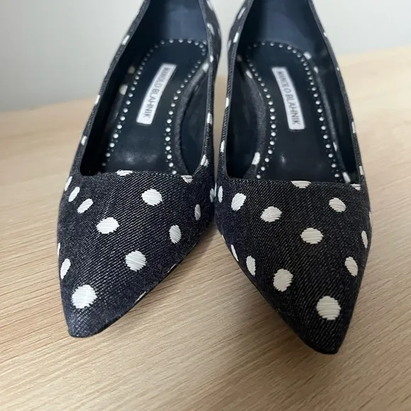 Manola Blahnik Polka Dot Denim Pumps 37/7