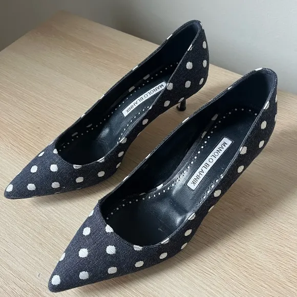 Manola Blahnik Polka Dot Denim Pumps 37/7
