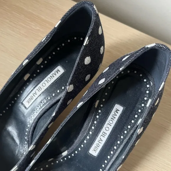Manola Blahnik Polka Dot Denim Pumps 37/7