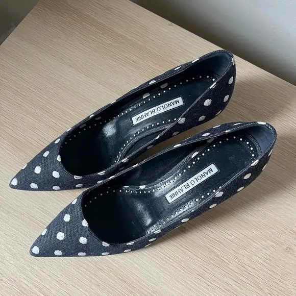 Manola Blahnik Polka Dot Denim Pumps 37/7
