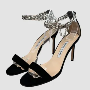Manolo Blahnik Black Suede High Heel Chain Sandals US7/ EU37