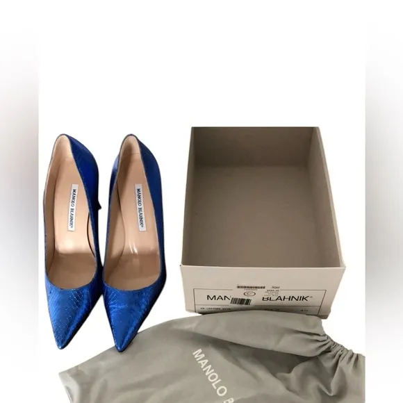 Manolo Blahnik Blue Snake Cobalt Metallic BB Stiletto Heels Pumps 37.5