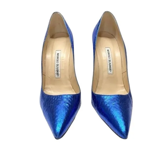 Manolo Blahnik Blue Snake Cobalt Metallic BB Stiletto Heels Pumps 37.5