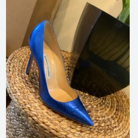 Manolo Blahnik Blue Snake Cobalt Metallic BB Stiletto Heels Pumps 37.5