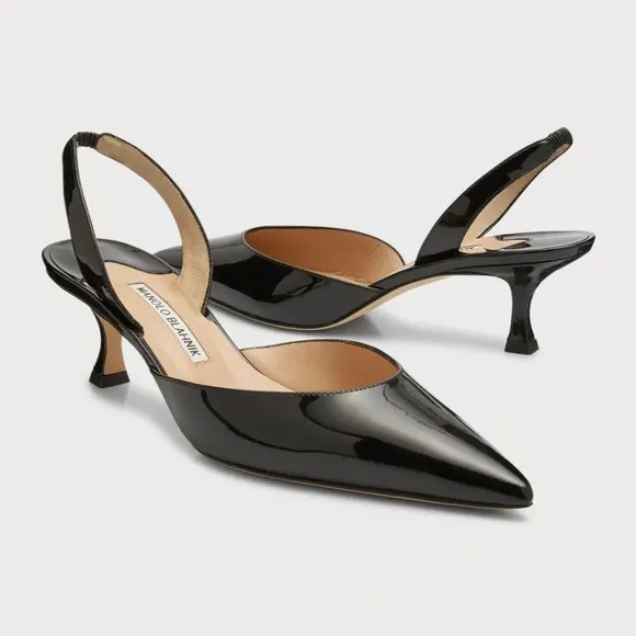 Manolo Blahnik Carolyne Low-Heel Black Patent Leather Slingback Kitten Heel