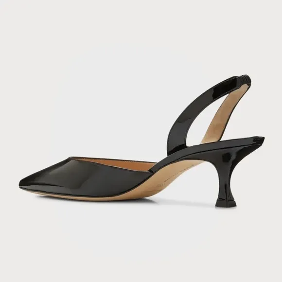 Manolo Blahnik Carolyne Low-Heel Black Patent Leather Slingback Kitten Heel